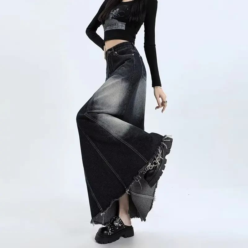 Jupe en jean Cargo taille haute délavée, Vintage rétro, longue ligne a, mi-longue, Maxi, bord brut, 
