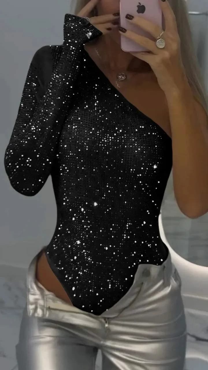 2025 T-shirt femme paillettes une épaule à manches longues Sexy filles chaudes mince corps t-shirts 