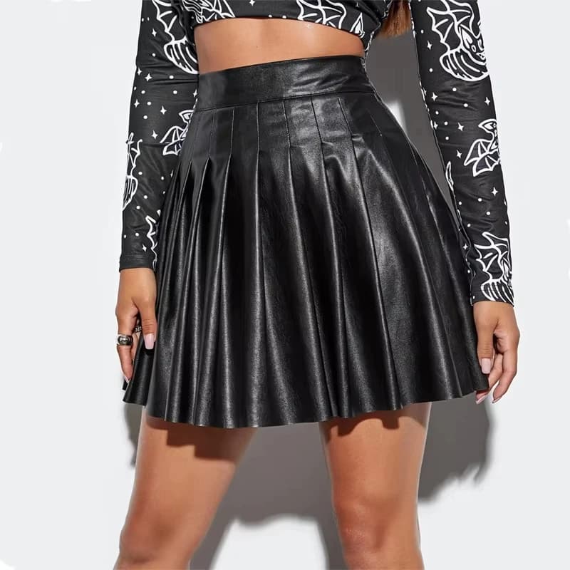 Mini-jupe plissée sexy en similicuir pour femme, taille haute, décontractée, coupe trapèze, tenue co