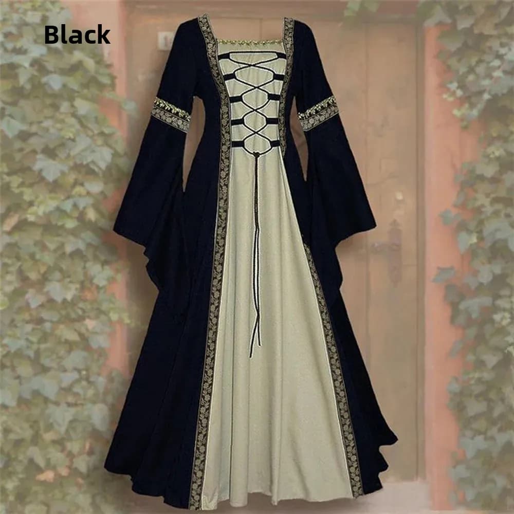 Robe longue de style gothique avec manches cloche, col carré, bordure en dentelle, ourlet ceinturé p
