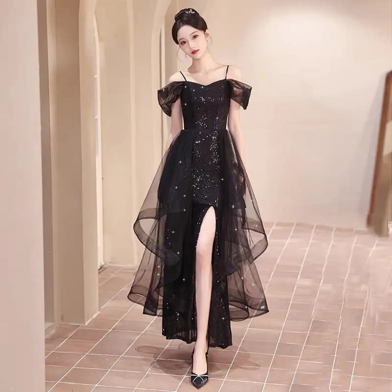 Robe de soirée noire à bretelles pour femmes, nouvelle robe polyvalente, élégante et Sexy, 2025