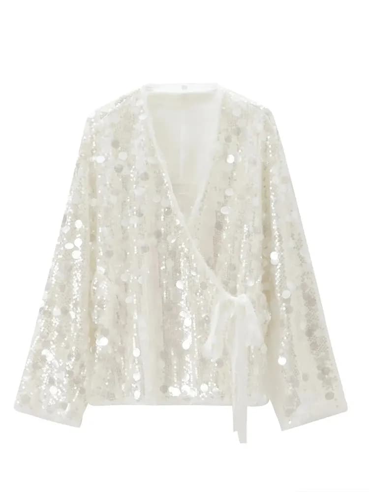 Chemisier à sequins pour femme, col en V, coupe ample, manches longues, devant croisé, ourlet à cord