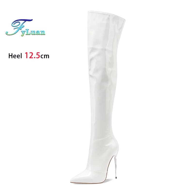 Cuissardes à talons aiguilles holographiques pour femmes, chaussures de danse en cuir brillant, bott