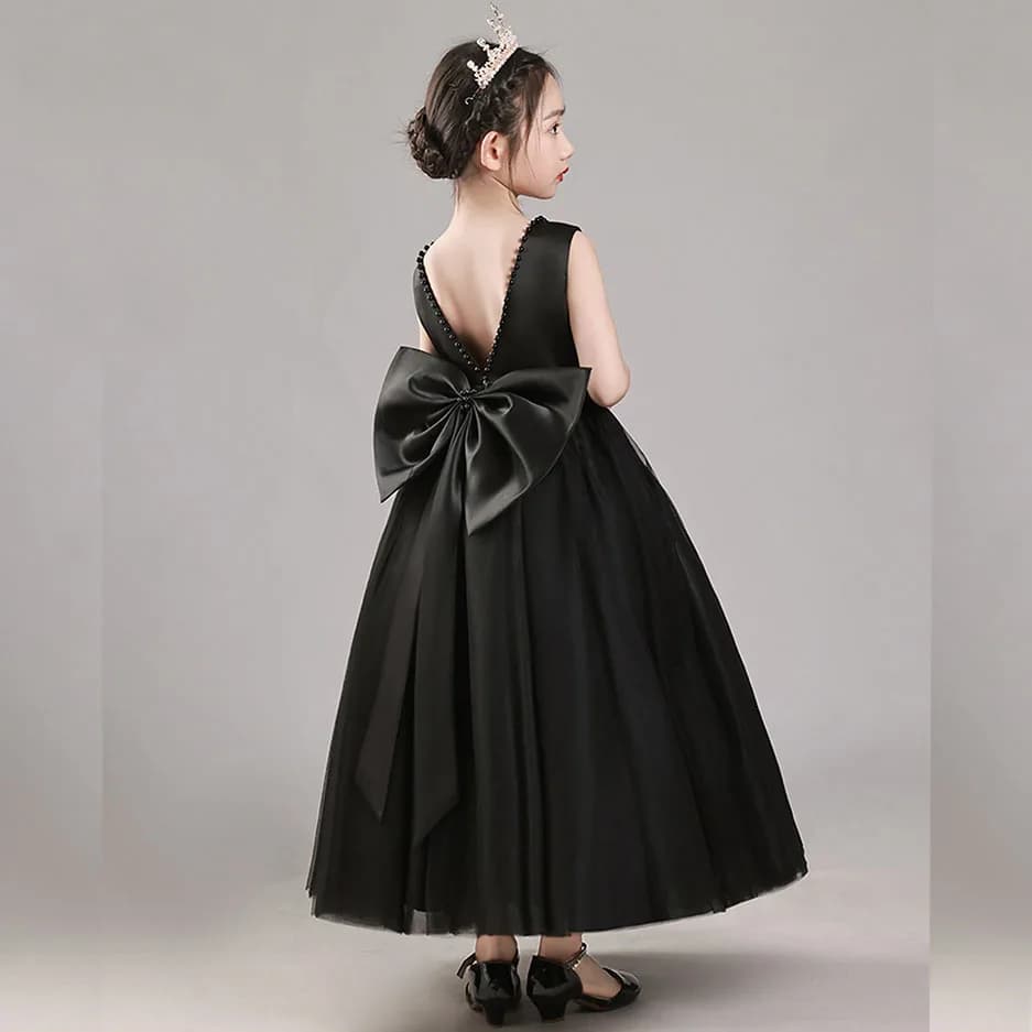 Robe longue élégante dos nu en V pour petites et grandes filles, grand nœud papillon, perles, fleur,