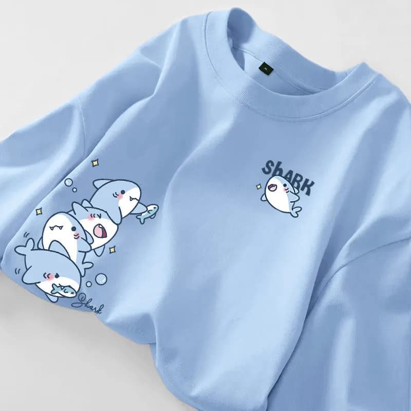 T-shirt à manches courtes d'été, imprimé requin de dessin animé, simple, décontracté, ample et polyv