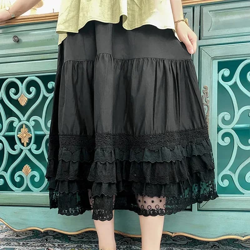 Mori Girl-Jupe en dentelle douce pour femme, taille élastique, sous-jupe en coton, jupon midi prince