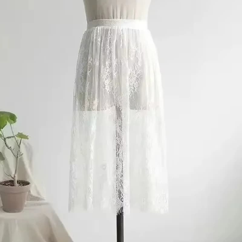 Transparent Sexy dentelle maille jupe élastique taille haute noir blanc Tulle Mini jupes femmes jupe