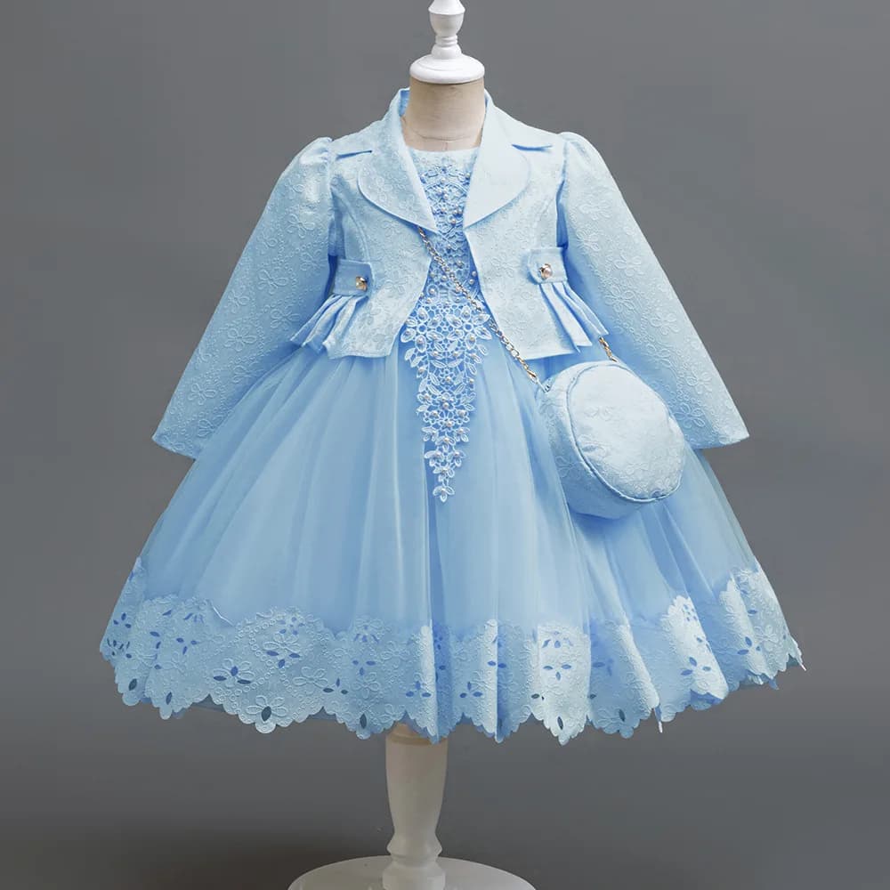 HETISO – robe pour filles, manteau à manches longues avec sac, tenue de princesse rétro en dentelle 
