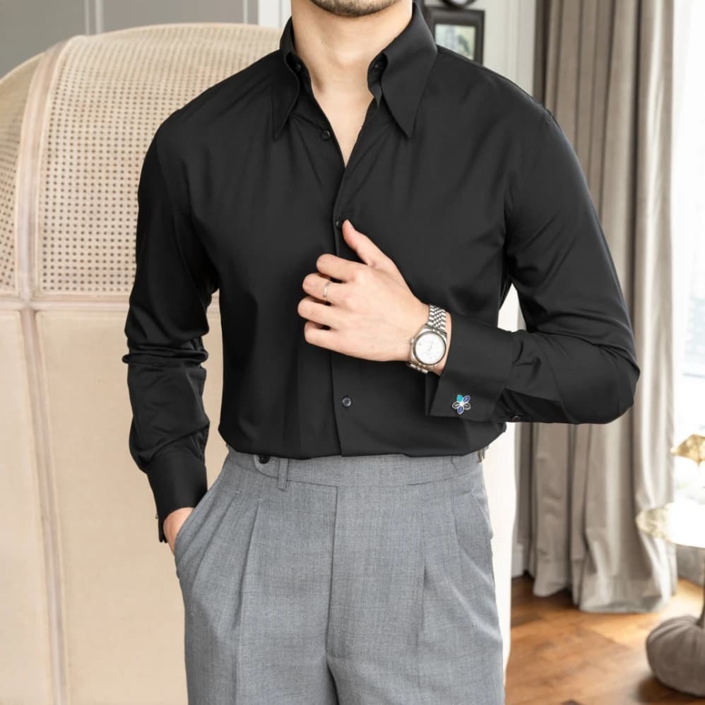 Chemise à manches longues pour hommes, général britannique, poignets français, grand col pointu, Ant