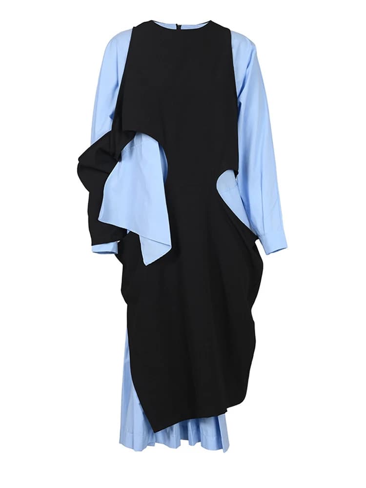 [EAM] femmes bleu couleur bloc grande taille robe longue nouveau col rond manches longues coupe ampl