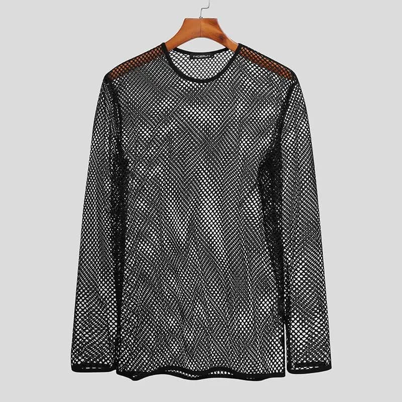 T-shirts en résille pour hommes, col rond, manches longues, hauts transparents, sous-vêtements muscl