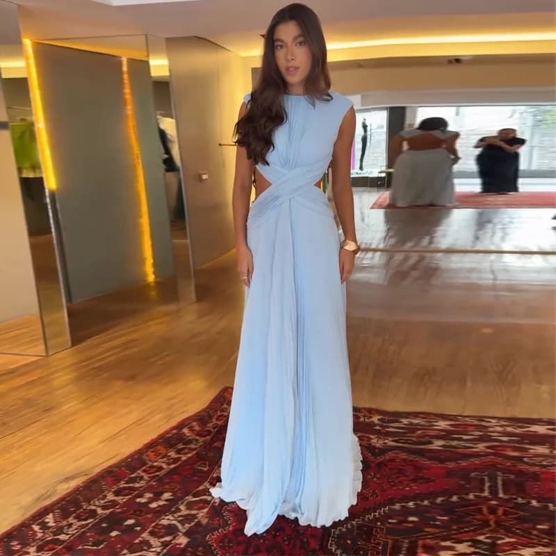 Robe longue dos nu pour femme, taille croisée, sans manches, coupe trapèze, froncée, robe de soirée 
