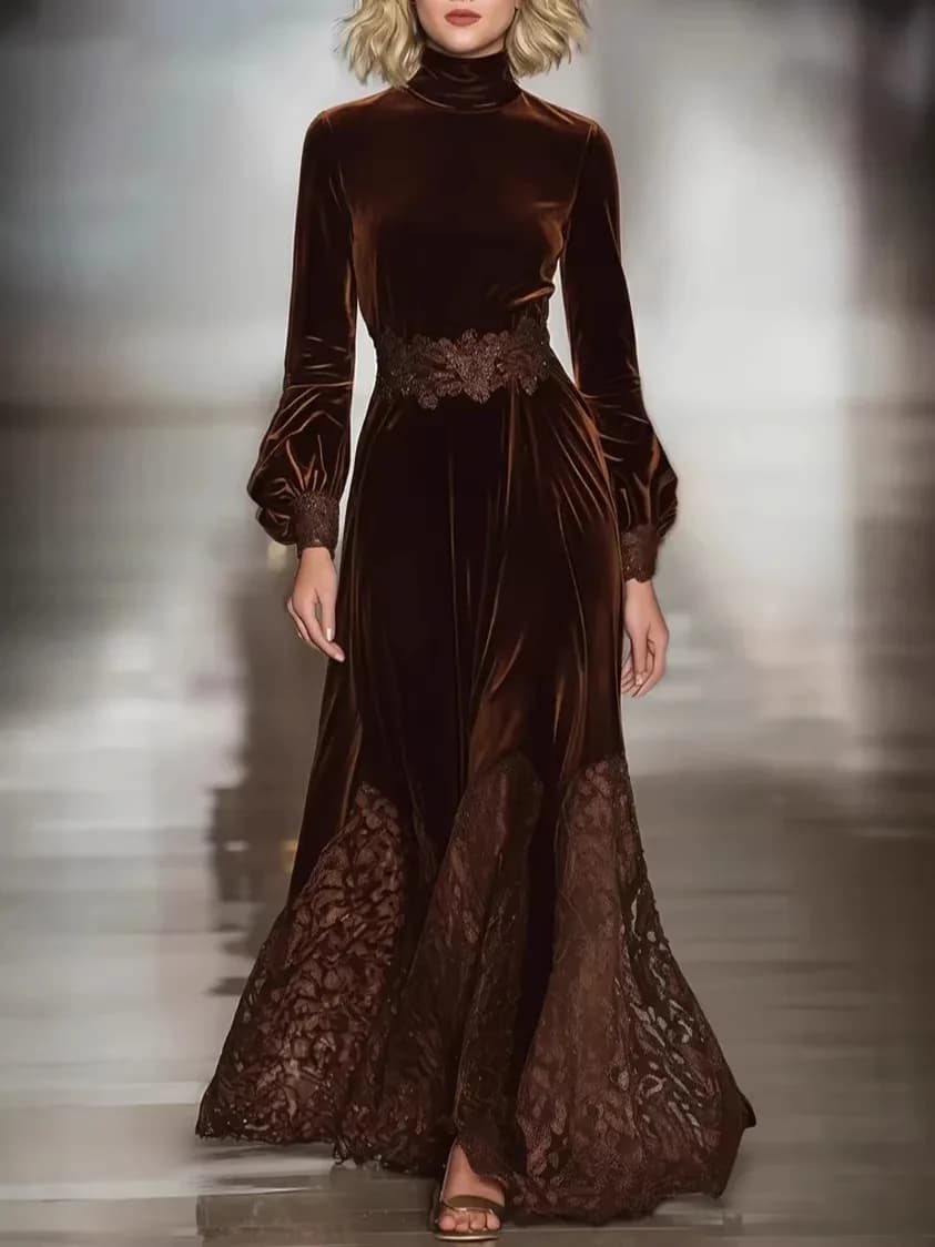 Robe longue en velours pour femmes, élégante, Vintage, couleur unie, col roulé, ourlet en dentelle, 
