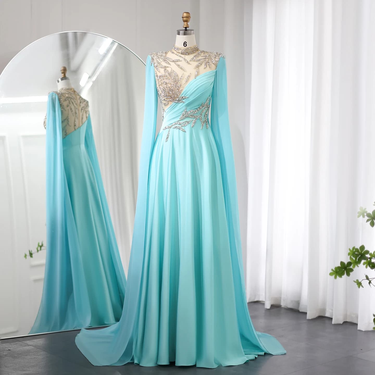 Sharon Said luxe cristal Turquoise bleu robes de soirée avec mancherons col haut femmes robe de soir