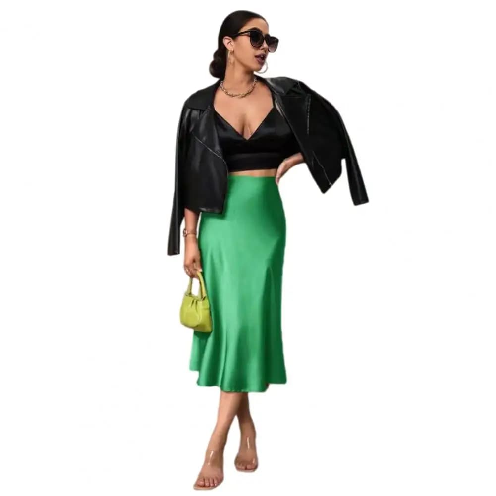 Jupe midi pour femme, taille haute, en satin lisse, coupe sirène, amincissante, pour voyage, soirée,