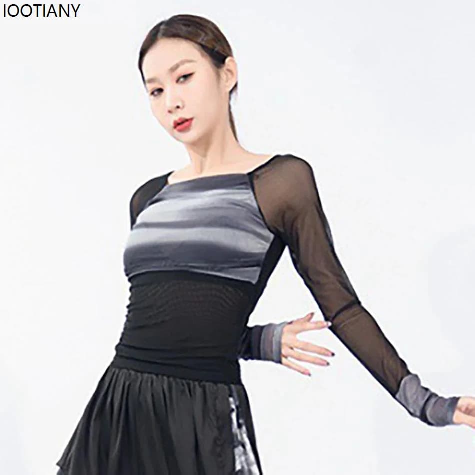 Jupe de danse classique moderne pour femme, haut épissé à manches longues, costume de danse latine, 