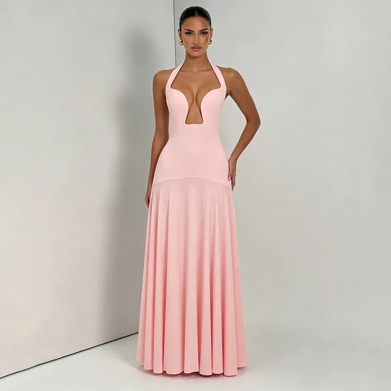 FLARORA Robe longue élégante froncée pour femme, sexy, col halter, décolleté plongeant, épaules dénu