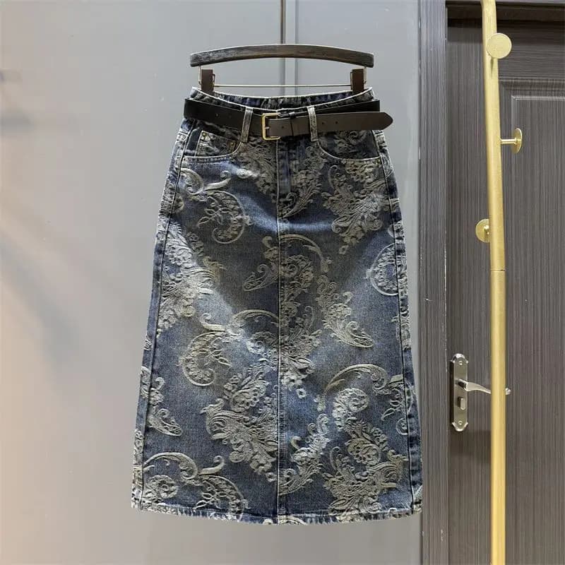 Jupe en jean taille haute en Jacquard rétro pour femmes, nouvelle jupe mi-longue ample et droite cou