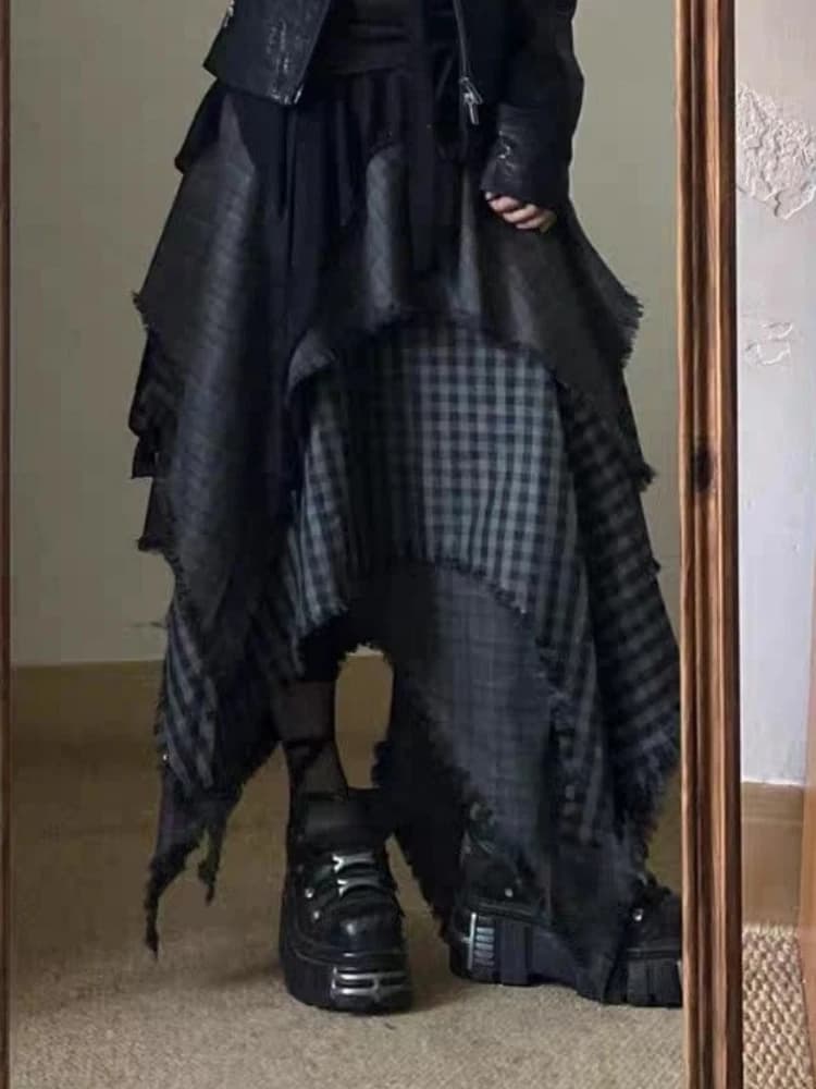 Jupe femme à carreaux irréguliers 2025 Faldas Mujer De Moda taille haute a-ligne glands Jupe mode Sa