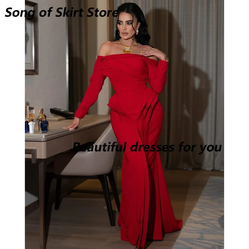 Robe de soirée rouge Sexy pour femmes, épaules dénudées, manches longues, longueur au sol, style sir