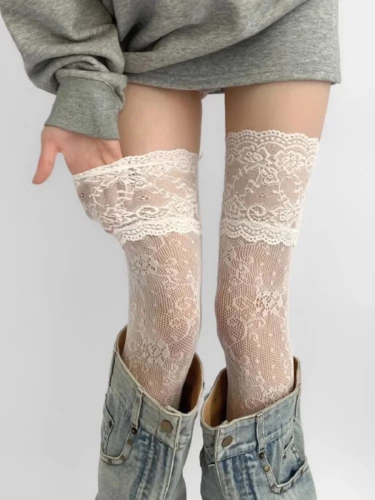 Bas résille sexy en nylon pour femme avec dentelle, motif floral rétro, maille douce et respirante, 