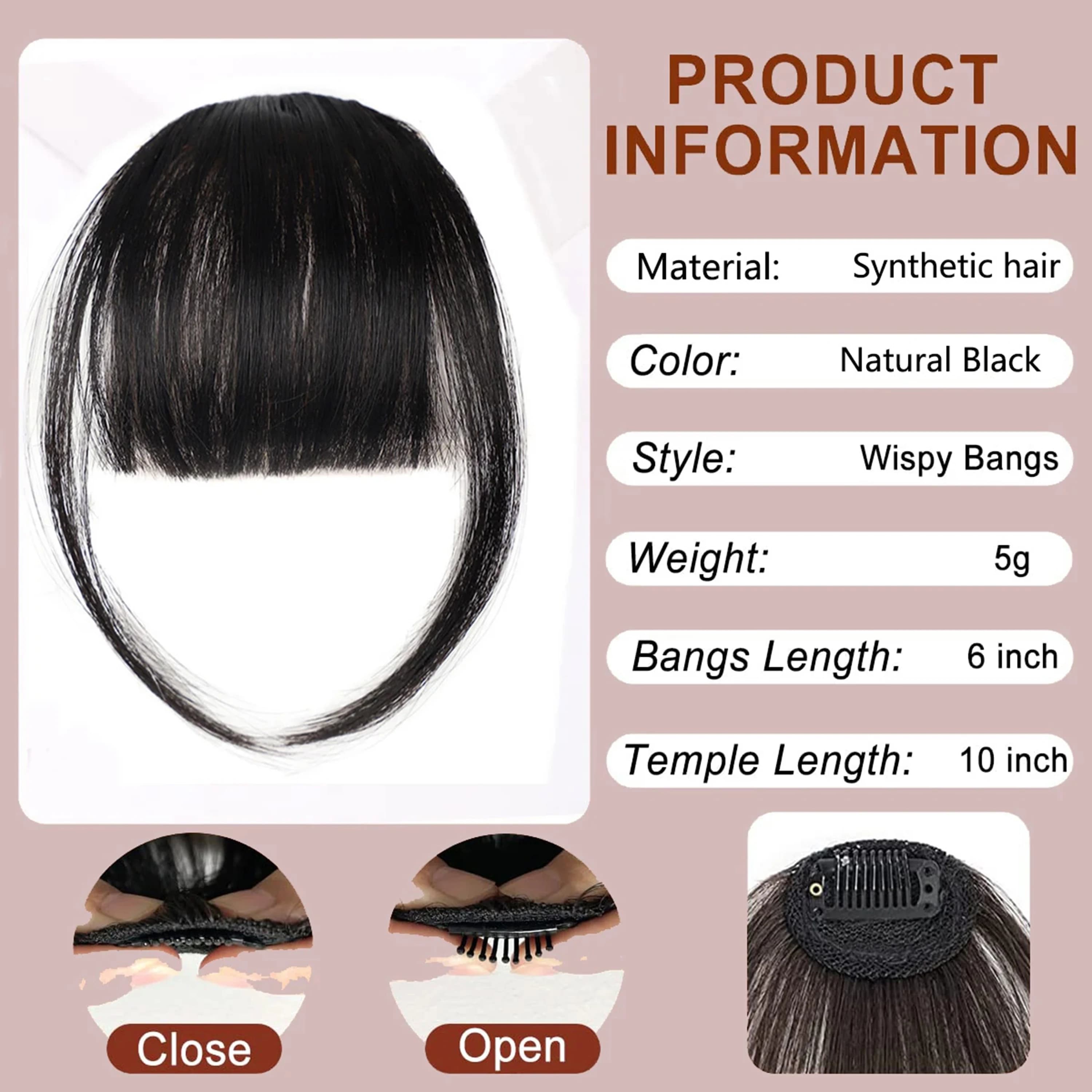 Frange à clipser marron, extensions de franges artificielles, franges légères à clipser pour femmes,