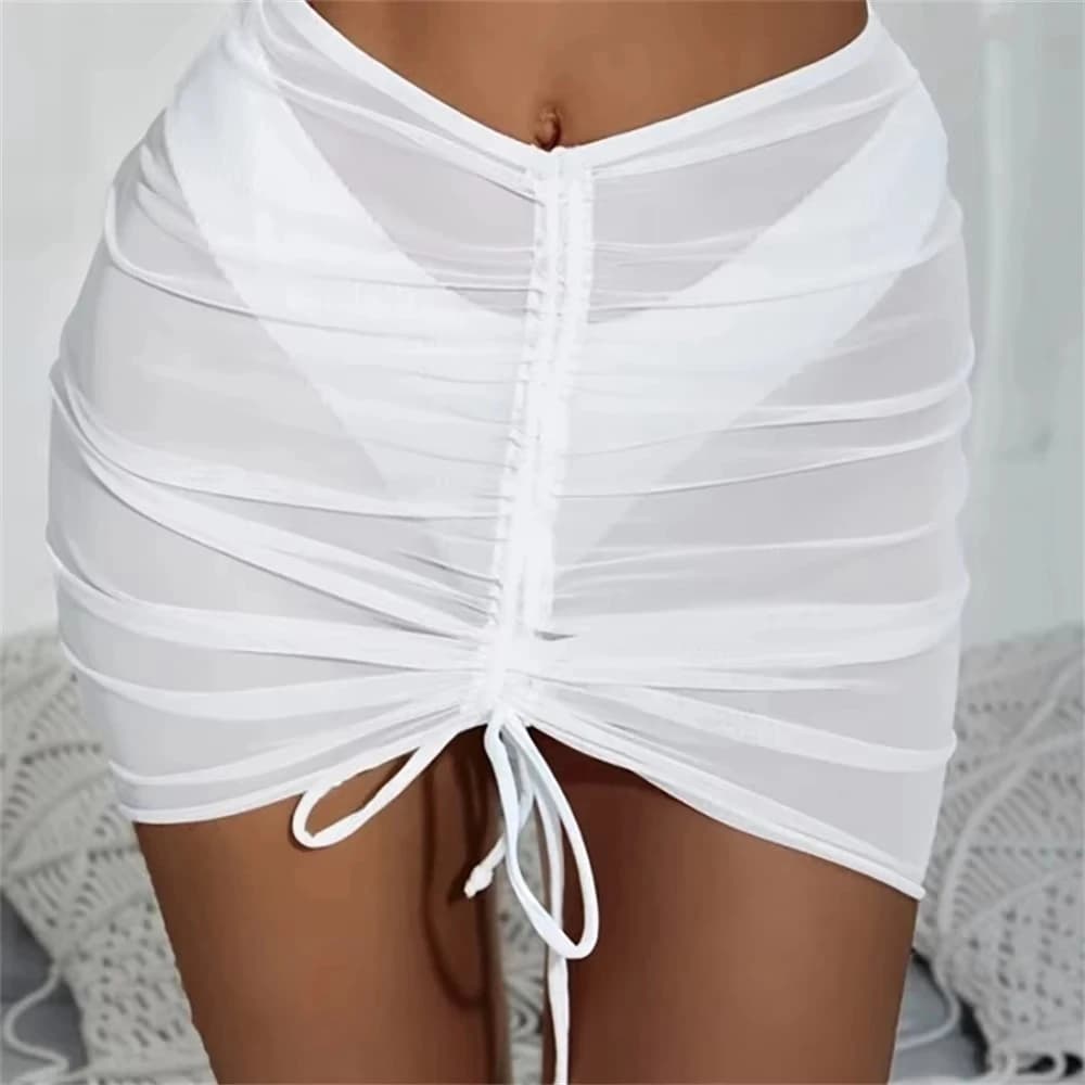 Maillot de bain translucide Sexy, jupe de plage en maille avec cordon de serrage, jupe en gaze solid
