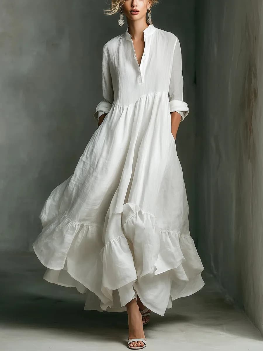 Robe longue élégante blanche unie pour femme, avec boutons et ourlet à volants, style bohème vintage