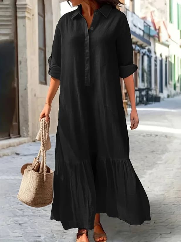Robe longue décontractée en coton et lin pour femme avec poches, manches longues, style chemise flui