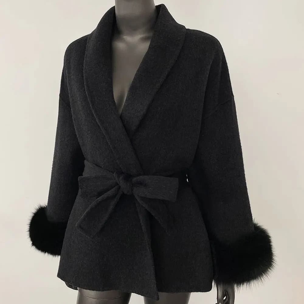 Manteau en laine double face pour femme, mélange de laine, long, élégant, ceinturé, chaud pour l'hiv