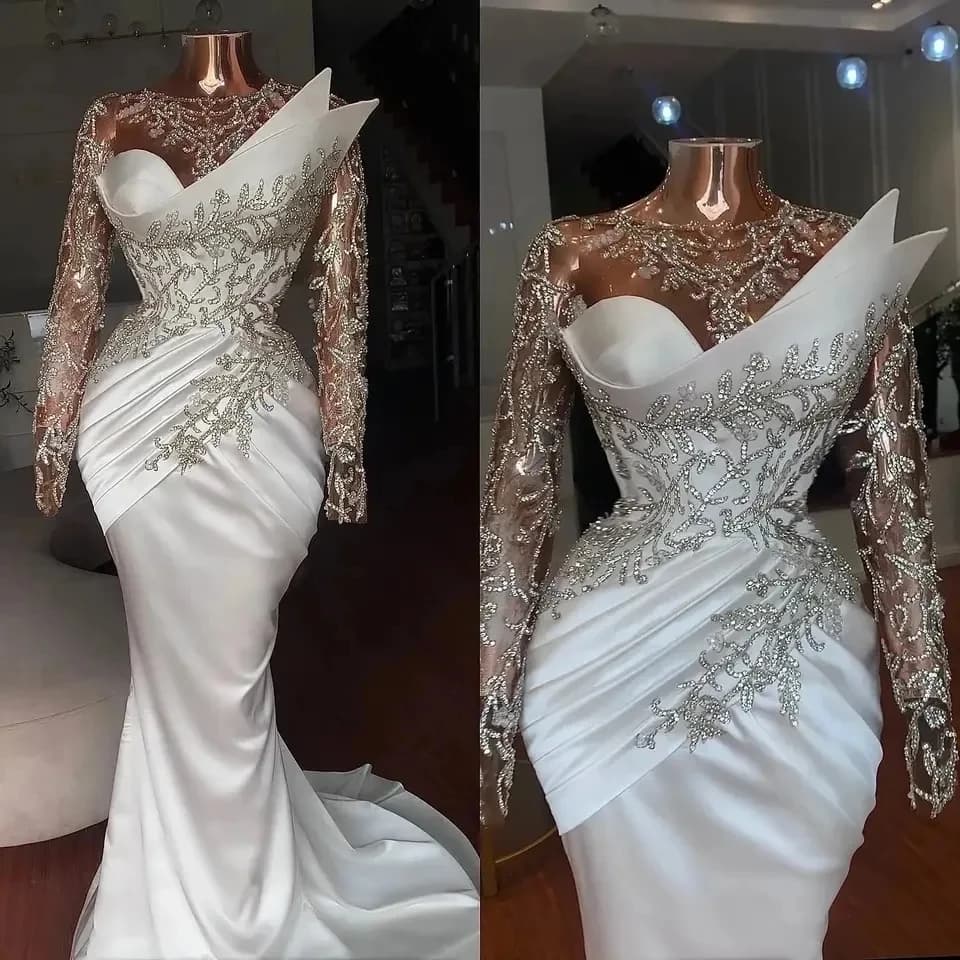 Robes de mariée musulmanes pour filles noires, sirène, manches longues, perlées, Moyen-Orient, Arabi