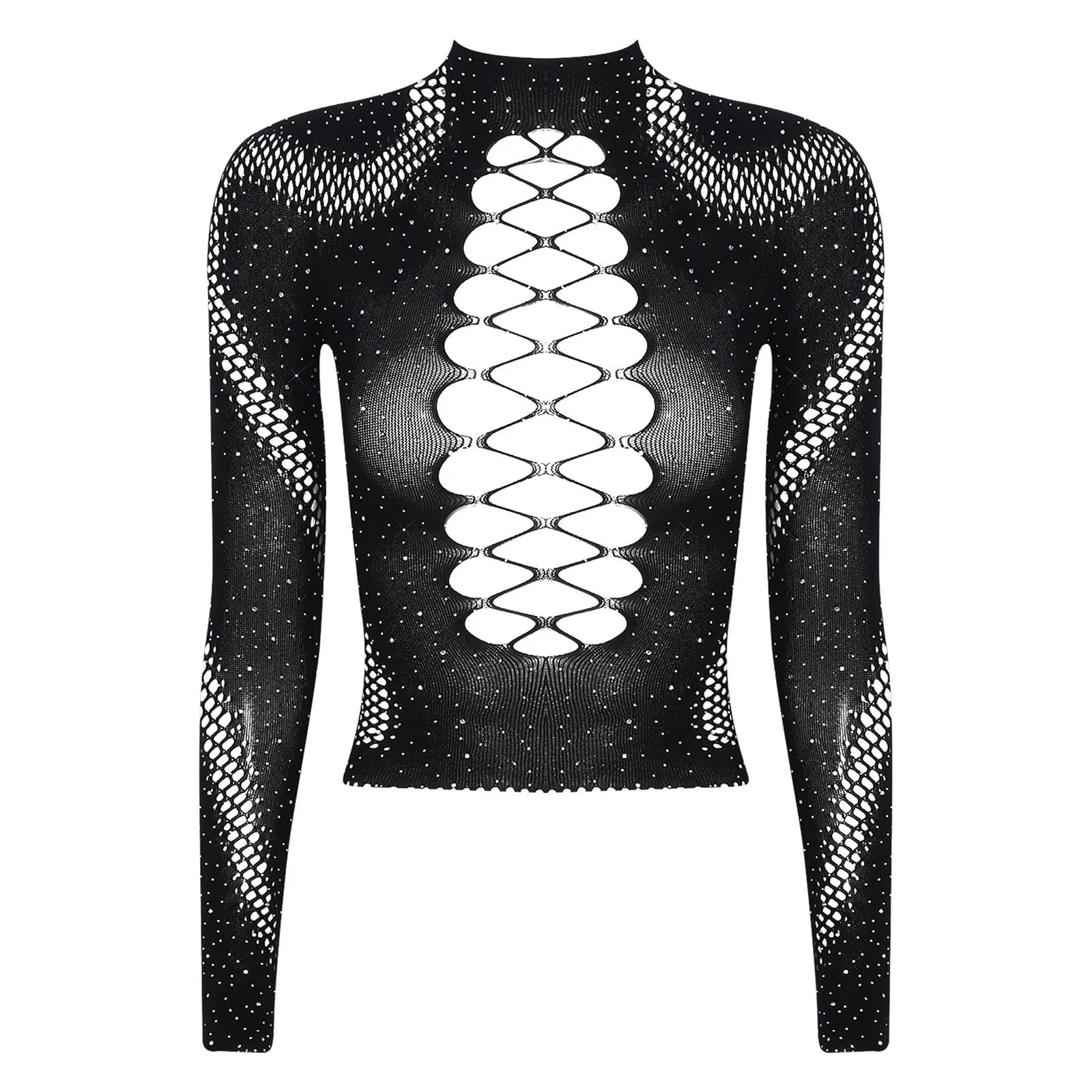T-shirt Femme Sexy en Résille Brillante à Strass, Chic, à Manches Longues, Élastique, Transparent, B