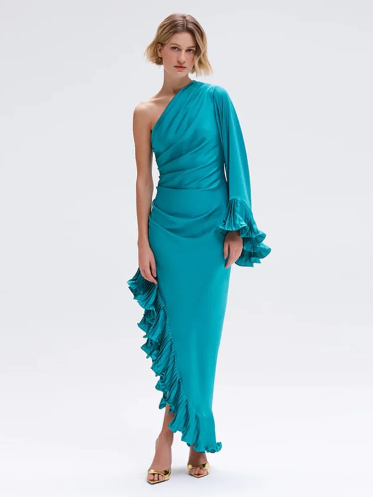 Robes de soirée pour femmes en satin, asymétriques à une épaule, longues, nouvelle collection, unie,