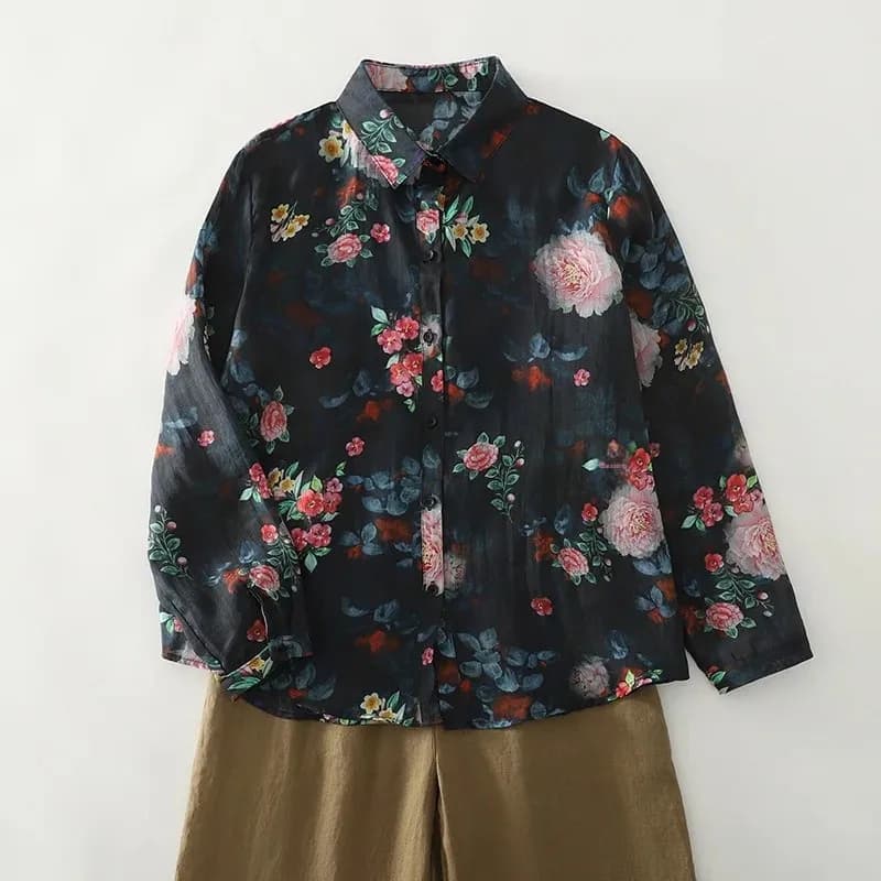 Chemise ample à manches longues en coton et lin à imprimé floral rétro pour femme, style artistique,
