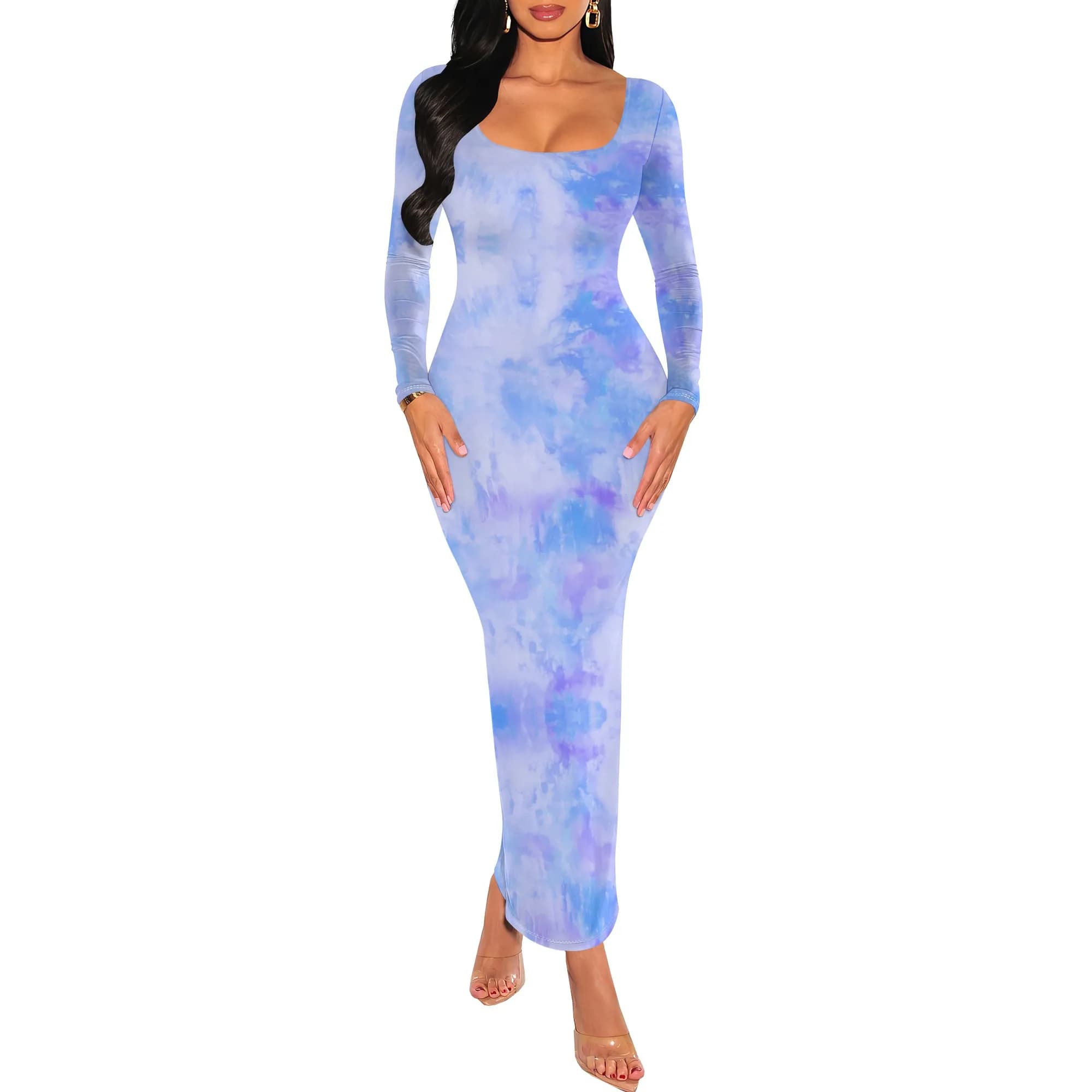Robe d'automne tendance pour femmes, teinture par nouage, col rond, manches longues, moulante, Maxi,