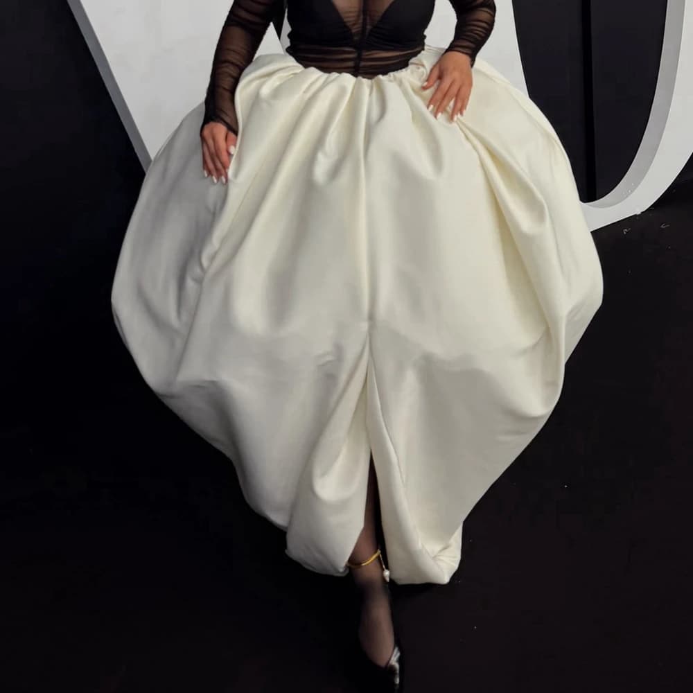 Jupe longue plissée fendue taille haute en satin bouffant pour femme, style A-line, tendance, de cré