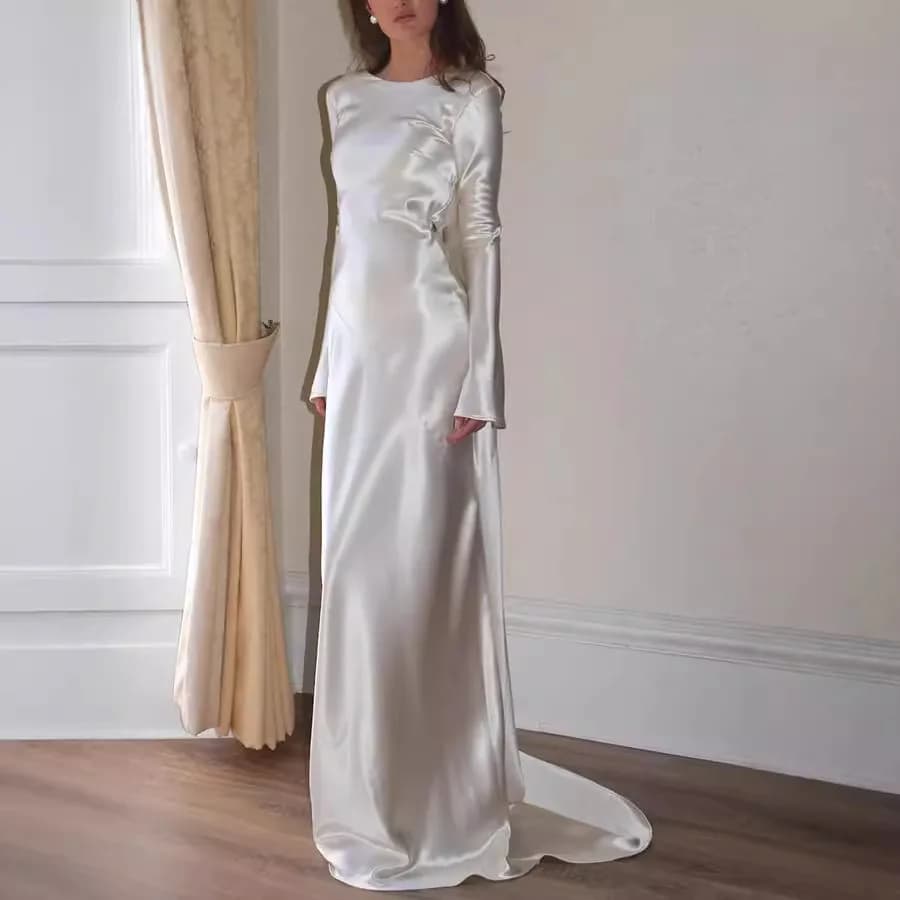 Robe longue femmes robes de soirée trompette Sexy dos nu col rond manches longues Maxi robe été 2025