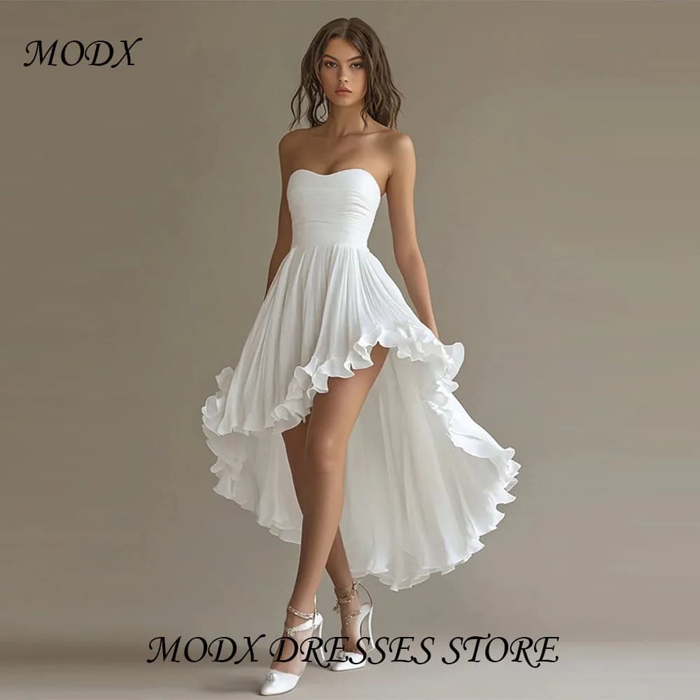 MODX robe de mariée blanche sans bretelles, Design haut et bas, jupe à volants en mousseline de soie