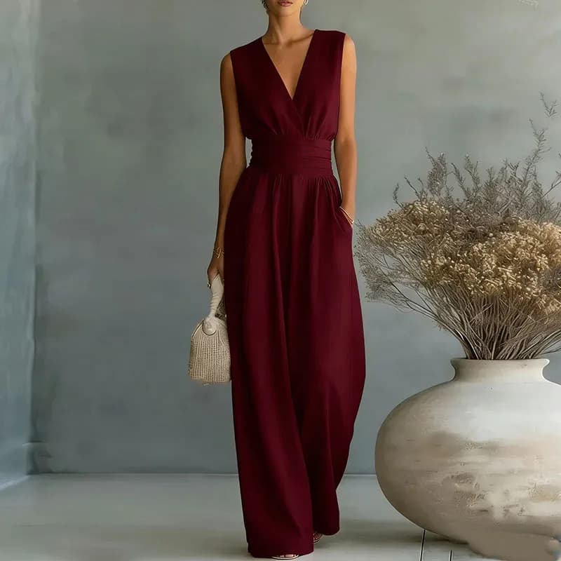 Combinaison pour femme tendance, taille haute, col en V, décontractée, sexy, couleur unie, pantalon 