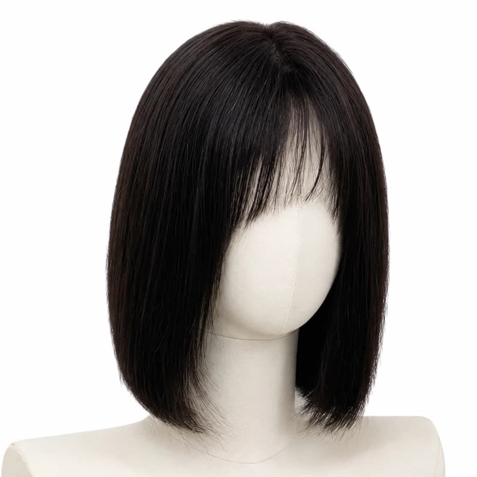 Perruque Bobo à franges en cheveux humains 100% sans colle, brun foncé, 12 pouces, cheveux lisses na
