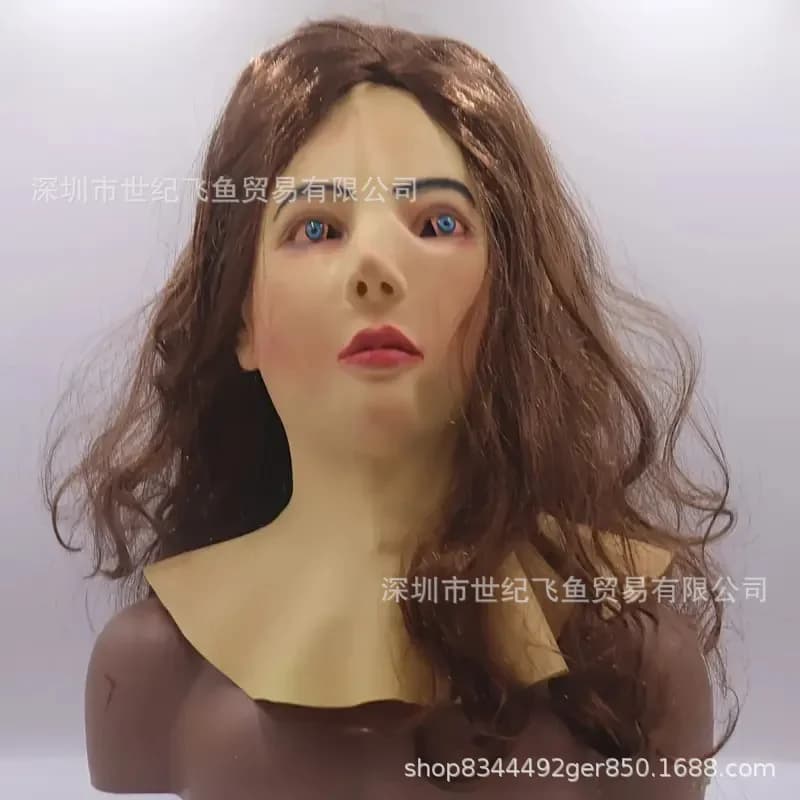 Nouveau Masque de Femme Magnifique avec Perruque Longue, Masque Facial de Simulation Jeune pour Hall