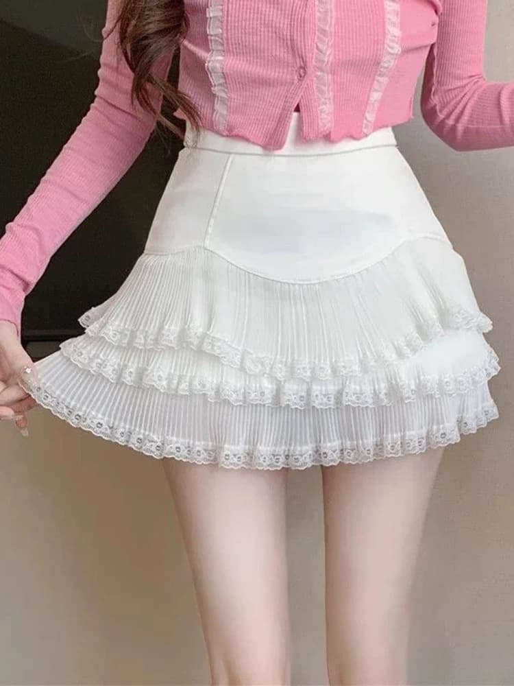 Dentelle volants jupes blanches femmes Sexy mince taille haute douce Mini jupe mode élégante femme d