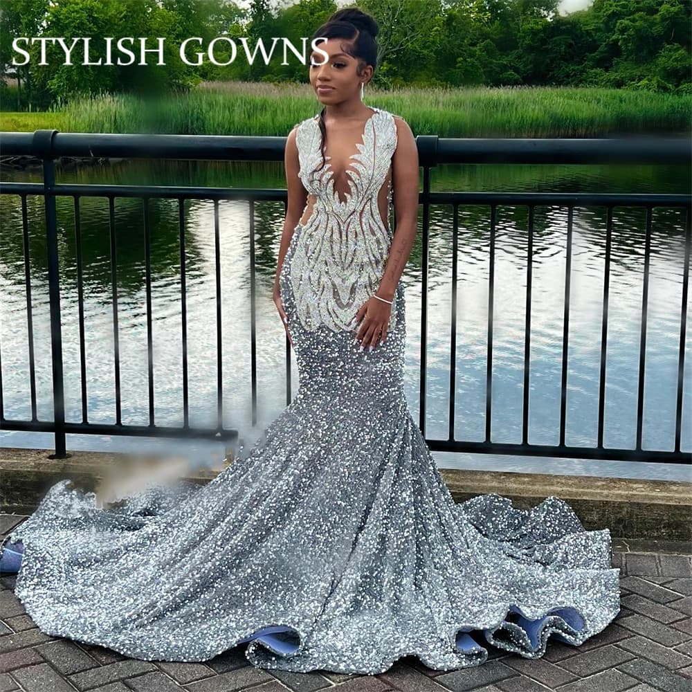 Robe de Rhlongue O N transparente argentée pour filles noires, appliques de perles, fête d'anniversa
