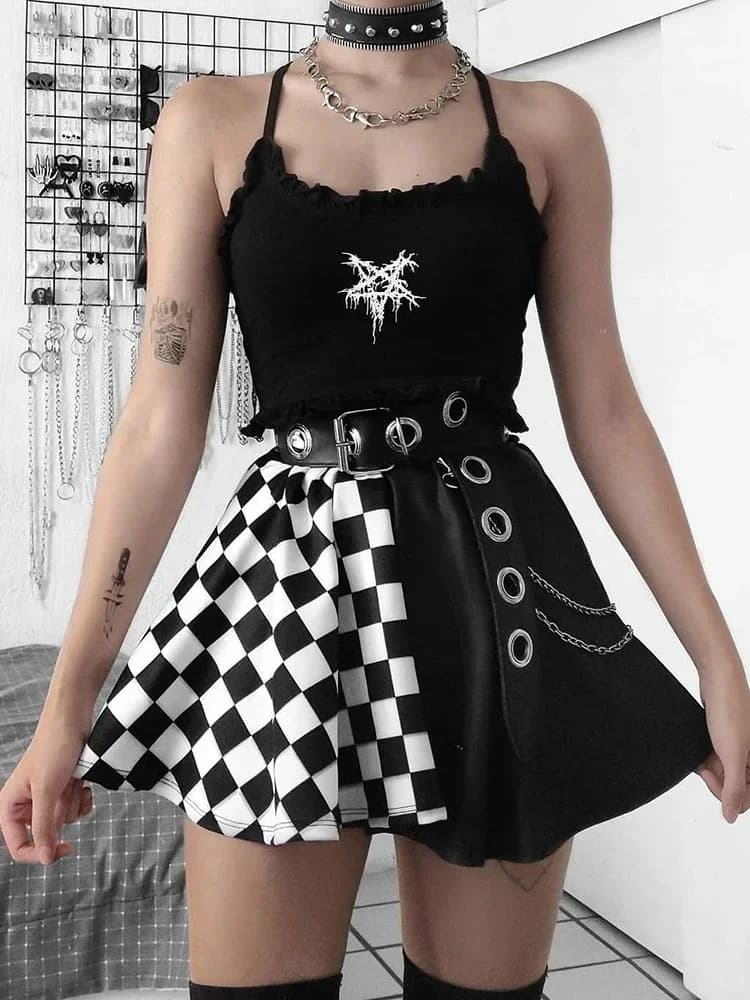 Mini Jupe Plissée à Carreaux pour Femme, Patchwork, Gothique, Sexy, Harajuku, Mode Punk, Esthétique,