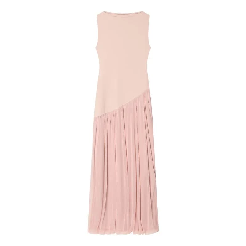 MUJER Robes longues en tulle pour femmes, robe maxi plissée sans manches, robe d'été rose patchwork 