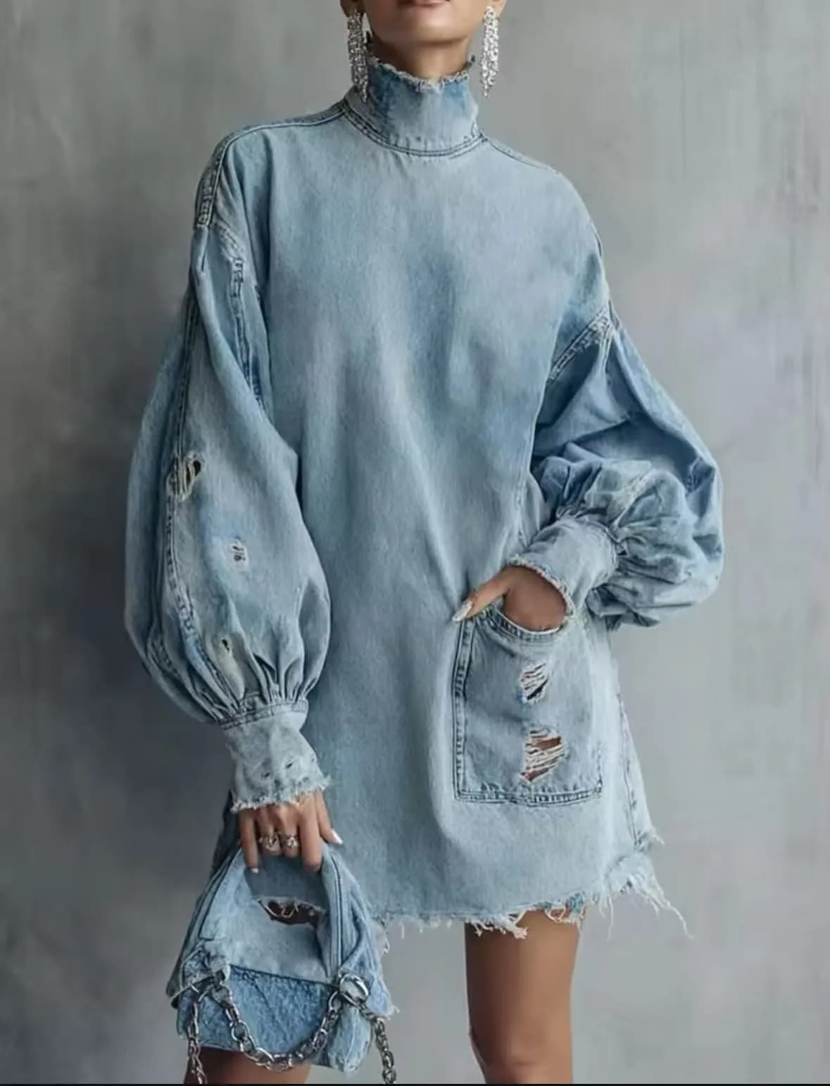 Robe midi décontractée pour femme, coupe droite, manches longues, effet vieilli, en polyester, style