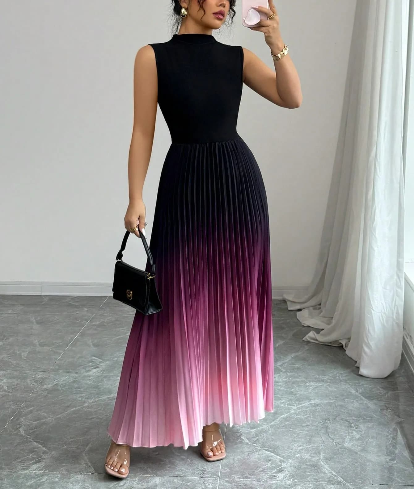 Nouvelles Robes Longues Plissées Élégantes Dégradées Sans Manches pour Femmes 2026 – Jupes Longues A
