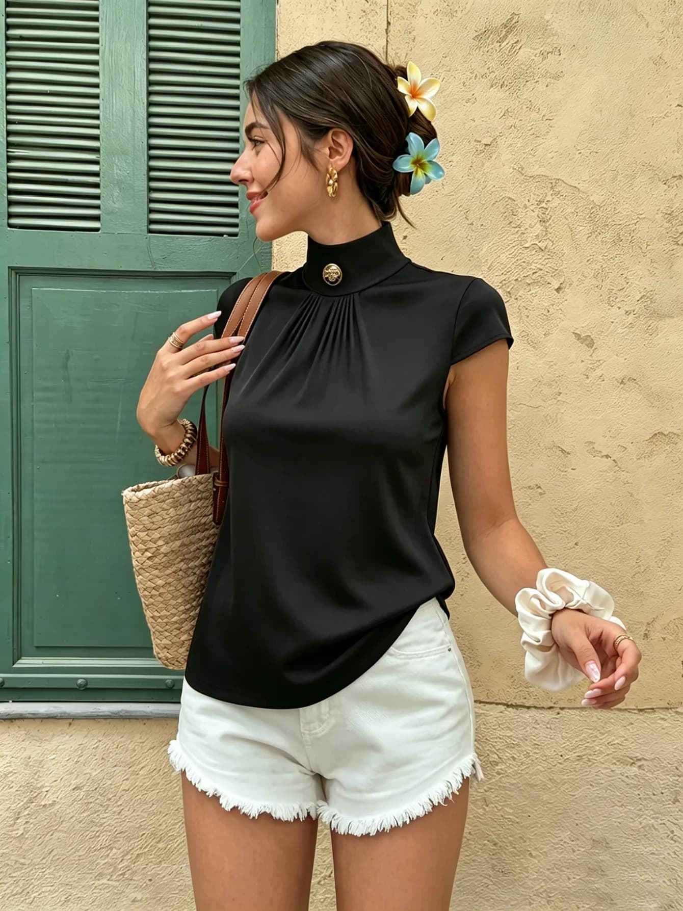 T-shirt à col montant pour femme, manches courtes, froncé sur le devant, élégant, pour le travail, l