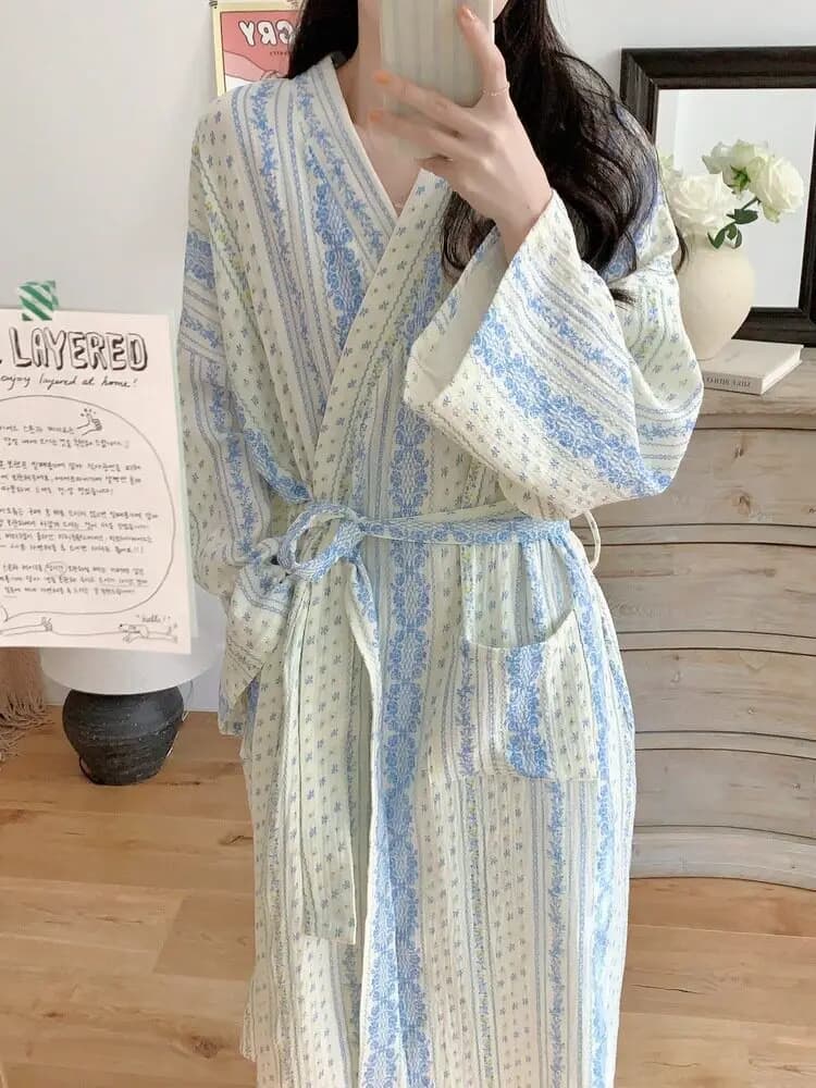 Peignoir pour femme : Robe kimono rayée à manches longues toutes saisons – Pyjama et vêtements de dé
