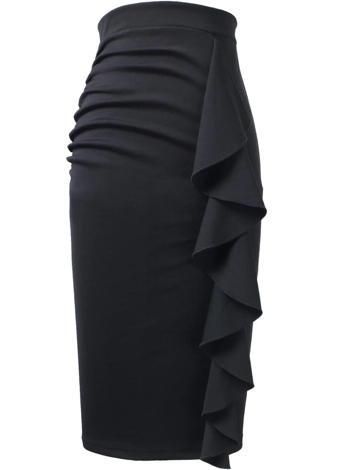Jupe décontractée taille haute pour femme, style ajusté, longueur genou, avec volants et fente latér